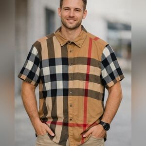 Burberry Brit Beige Checked Button Front Half Sleeve Shirt Size XL